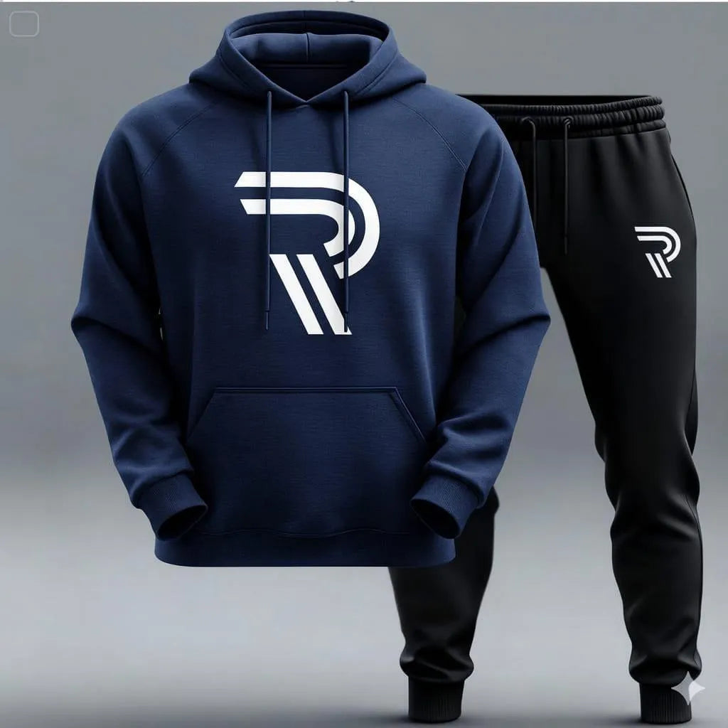 Navy Blue R Printed Hooded Tracksuit for Mens