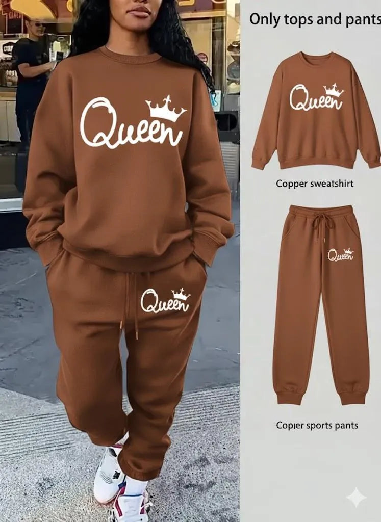 2 Pcs Women Fleece Printed Sweatshirt Tracksuit