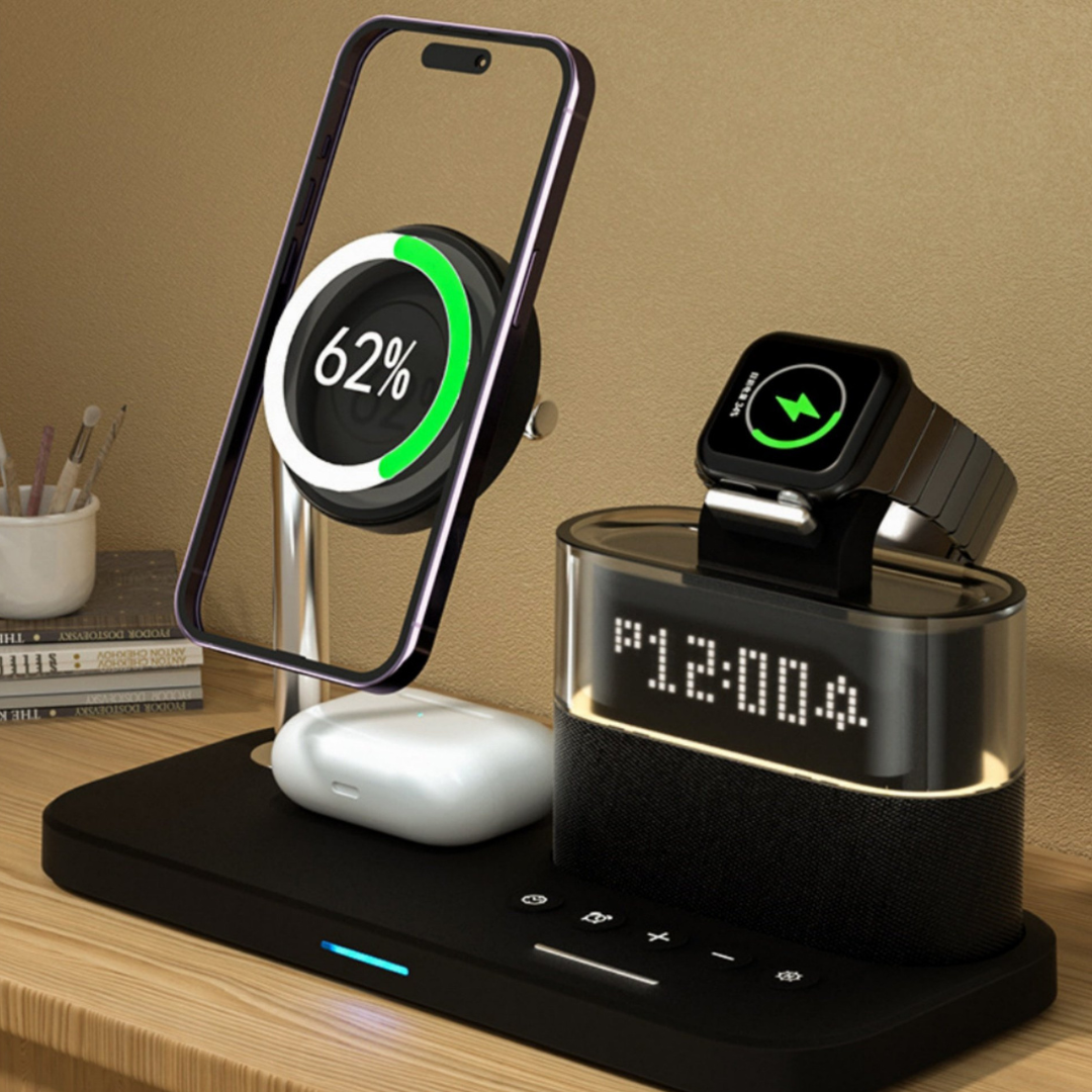 5 in 1 magnetic wireless charging station w. alarm clock night light iphone, airpods, apple watch 5 in 1 magnetic wireless charging station w. alarm clock night light iphone, airpods, apple watch