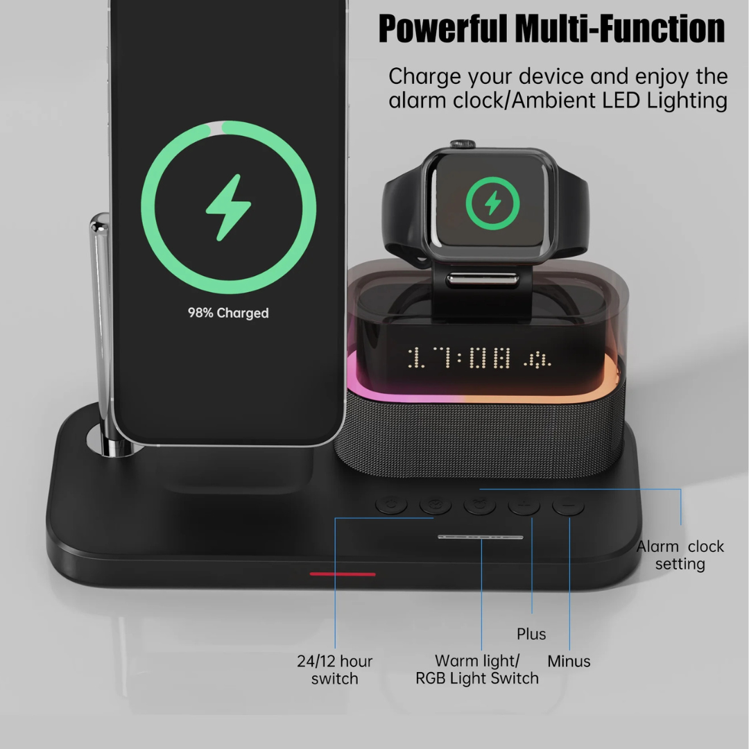 5 in 1 magnetic wireless charging station w. alarm clock night light iphone, airpods, apple watch 5 in 1 magnetic wireless charging station w. alarm clock night light iphone, airpods, apple watch